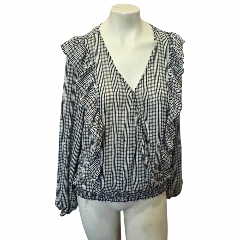 Marc New York Andrew Marc Blouse L Black White Plaid Ruffle V Neck Smocked Boho